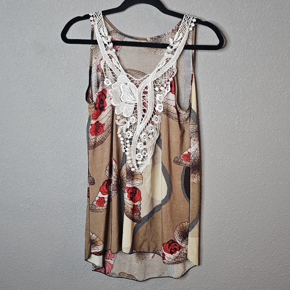 Y2K Butterfly Tank Top Blouse White Lace Brown Tan Red Lightweight Size Medium